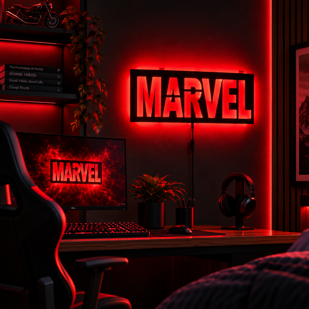Marvel logo LED wall lamp with yellow lettering and vibrant red glowing background for superhero room decor
