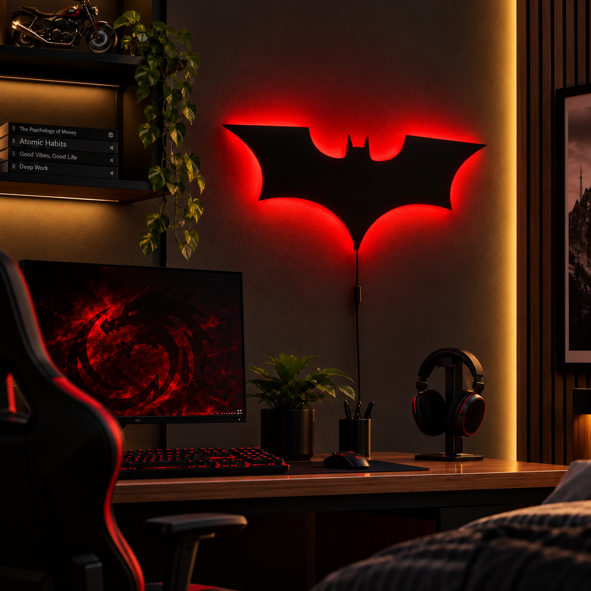Premium Batman LED wall lamp with black emblem and red glowing light