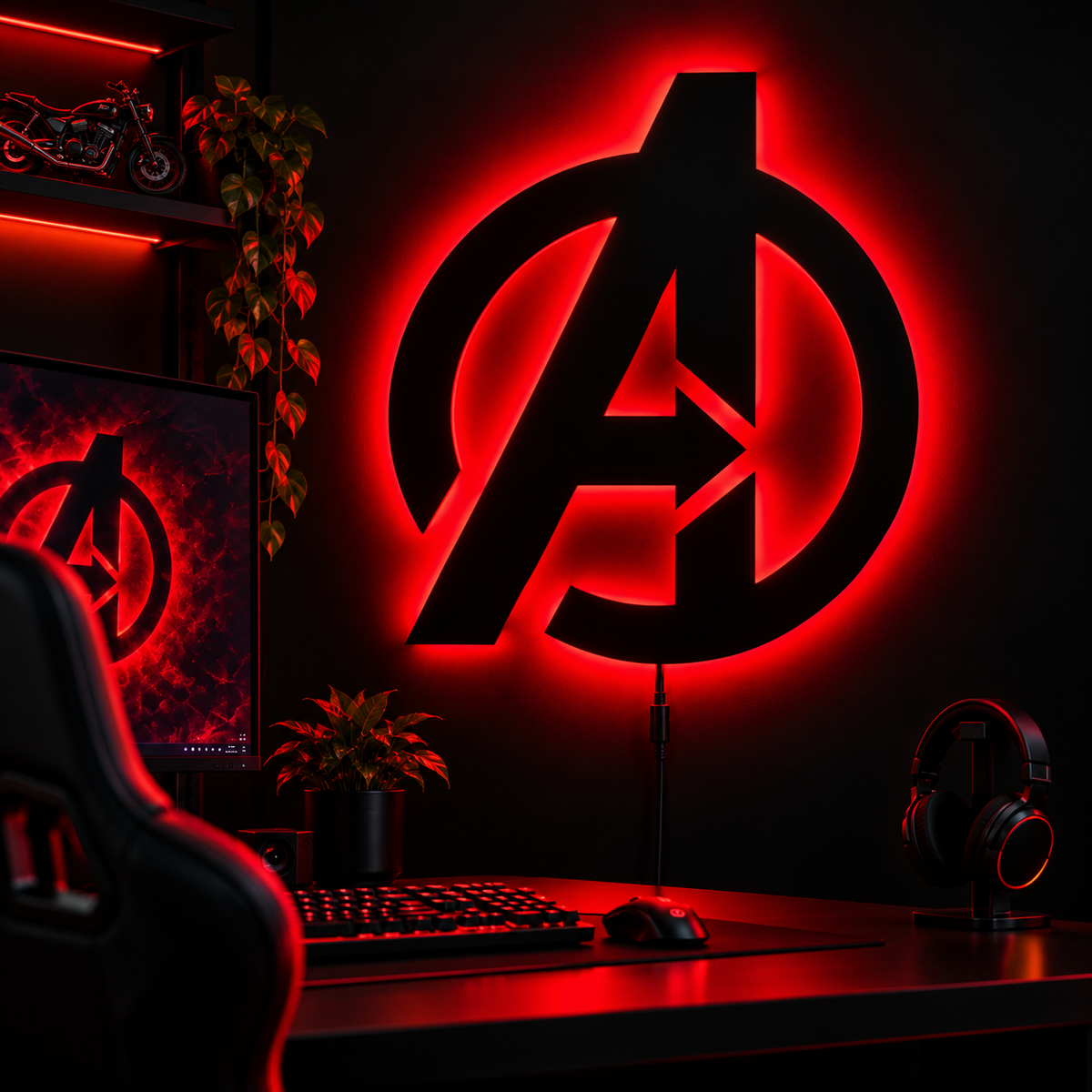 Premium Avengers LED wall lamp with black Avengers emblem and red glowing light