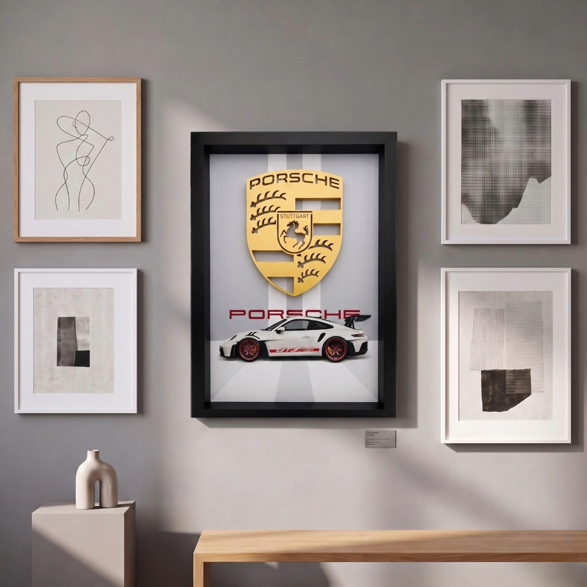 Premium Porsche car 3D wall frame with Porsche emblem and sports car design in a black shadow box frame
