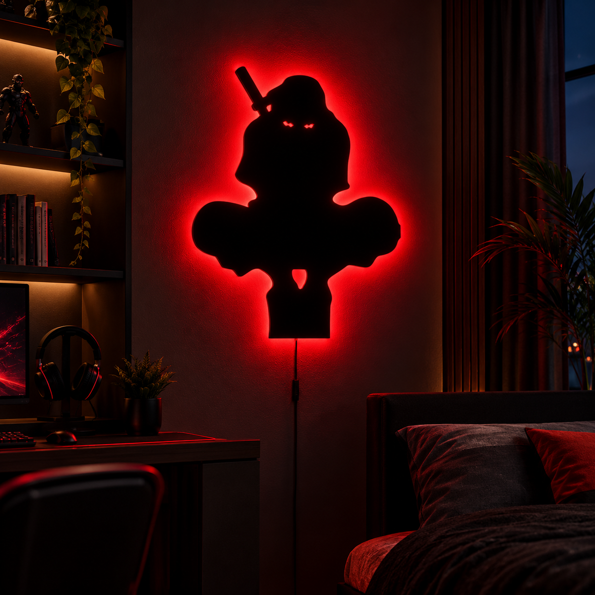 Premium Ninja LED Wall Lamp with black ninja silhouette and warm white ambient backlighting
