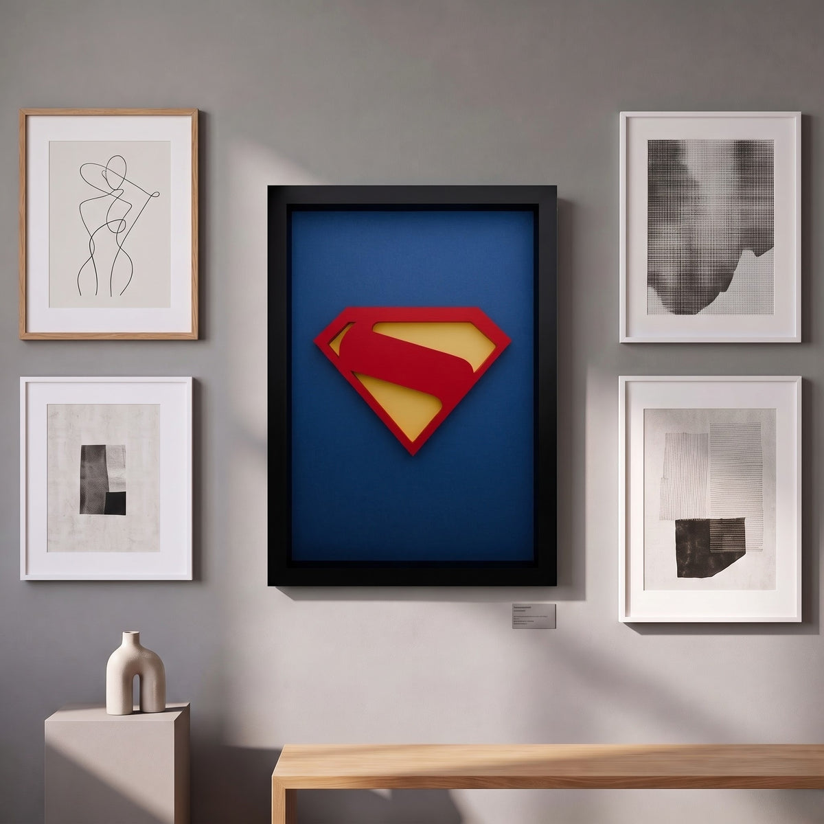 Premium Superman 3D frame with red and yellow emblem on blue background and black shadow box frame