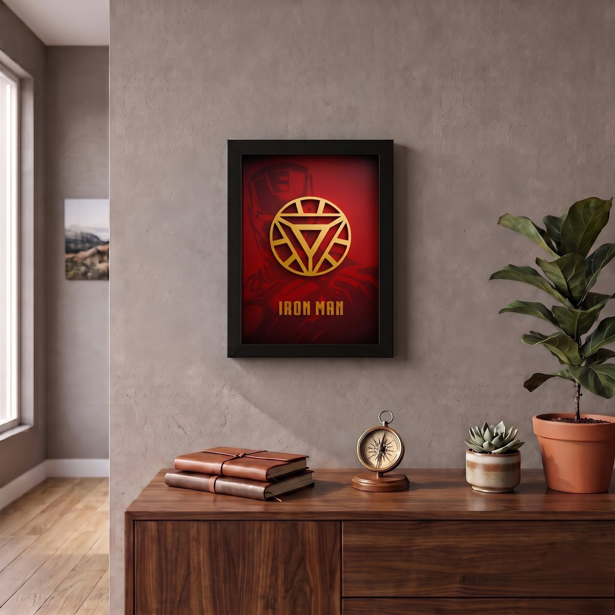 Iron Man 3D wall art frame with gold arc reactor and red superhero background