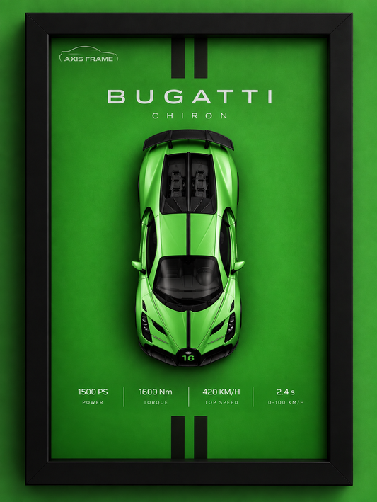 Premium Bugatti Chiron 3D Car Frame featuring a green hypercar design with a black frame and racing-inspired wall decor