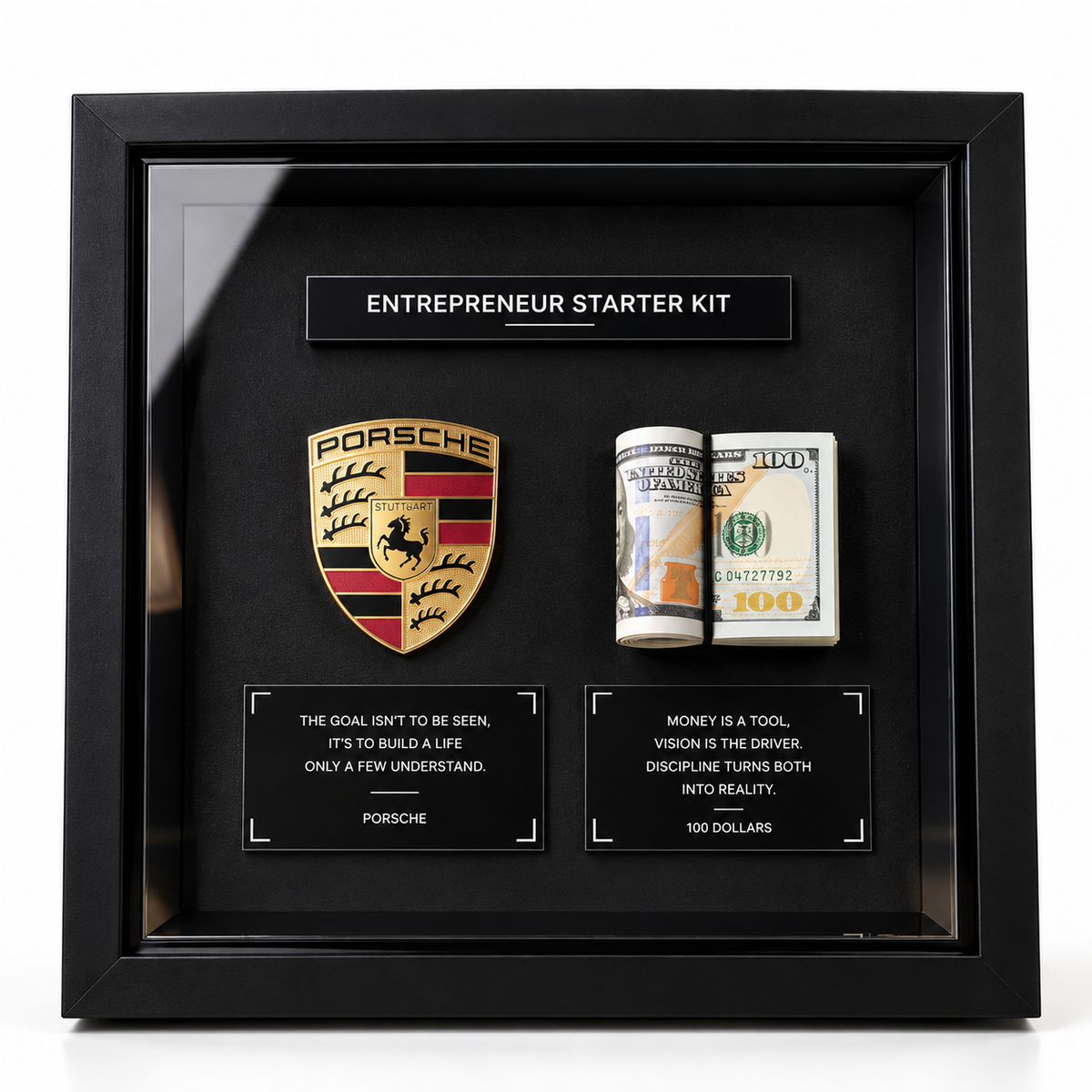Porsche 3D shadow box frame with premium black finish, gold metallic emblem, money display and motivational quote plates