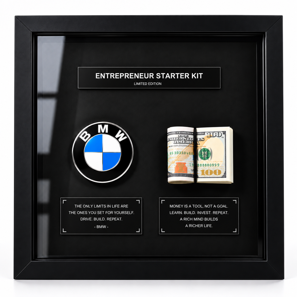Premium BMW and dollar 3D shadow box frame with entrepreneur-themed motivational quotes and luxury black frame wall decor