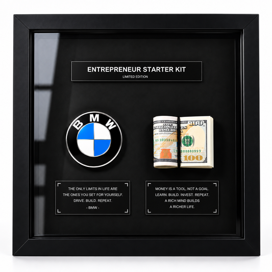 Premium BMW and dollar 3D shadow box frame with entrepreneur-themed motivational quotes and luxury black frame wall decor
