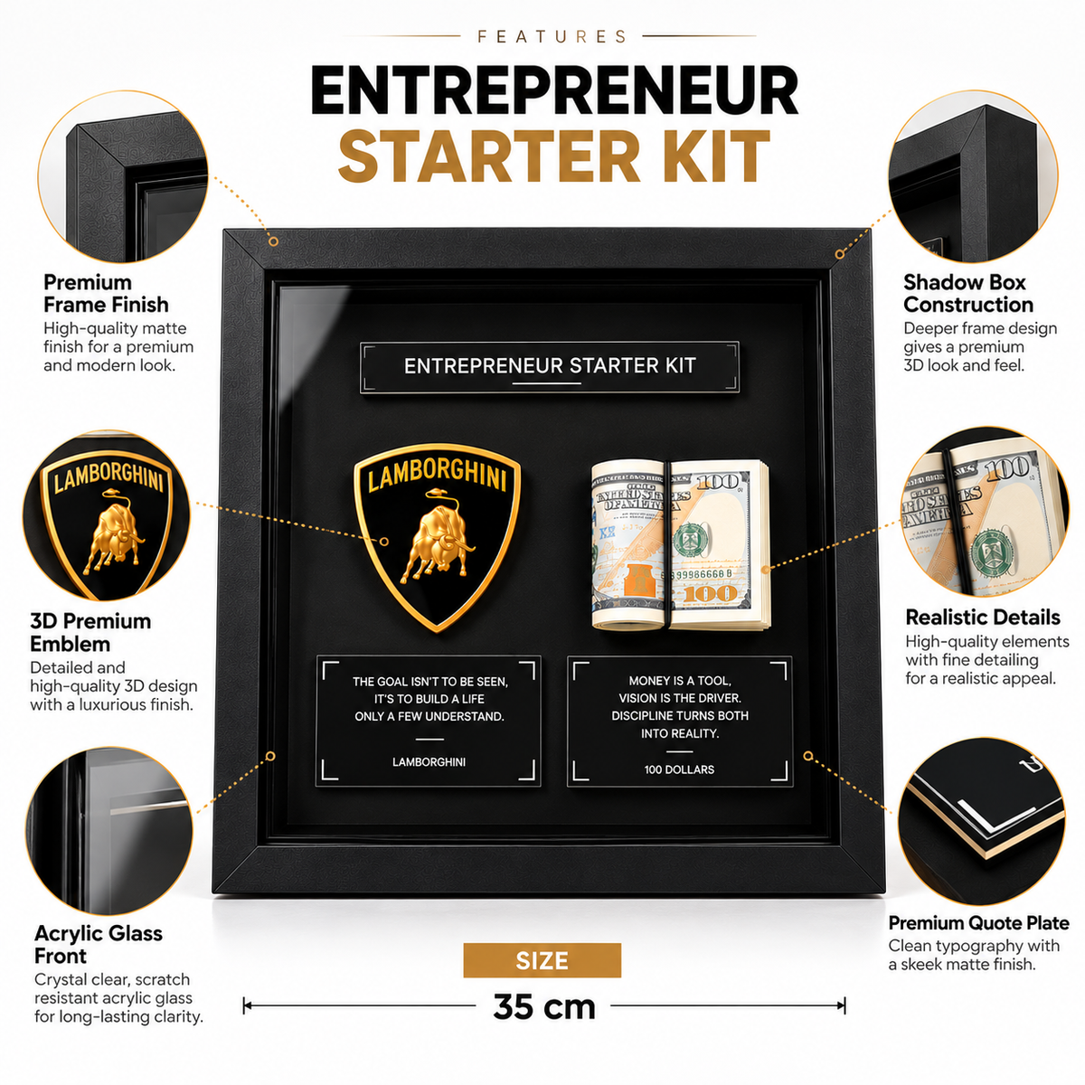 Entrepreneur 3D shadow box frame with premium black finish, 3D emblem, money-inspired display and motivational quote plates