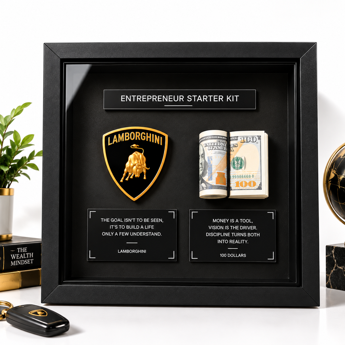 Entrepreneur 3D shadow box frame with premium black finish, 3D emblem, money-inspired display and motivational quote plates