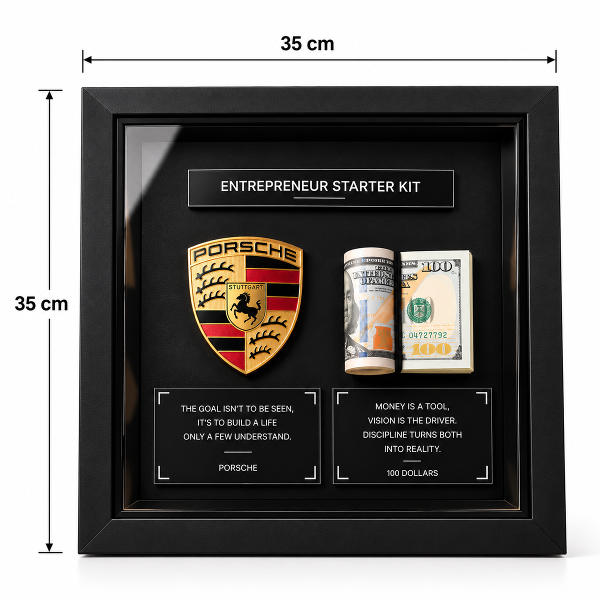 Porsche 3D shadow box frame with premium black finish, gold metallic emblem, money display and motivational quote plates
