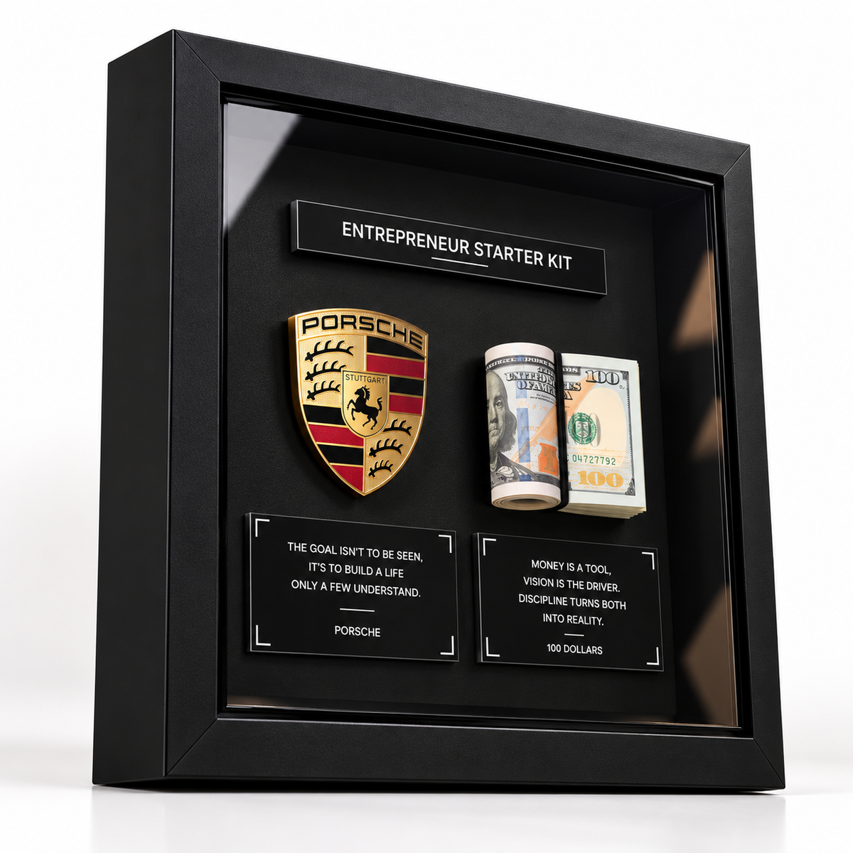 Porsche 3D shadow box frame with premium black finish, gold metallic emblem, money display and motivational quote plates