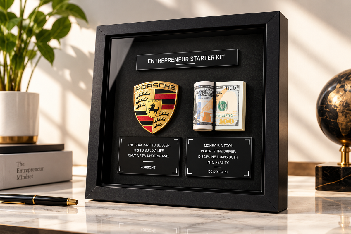 Porsche 3D shadow box frame with premium black finish, gold metallic emblem, money display and motivational quote plates