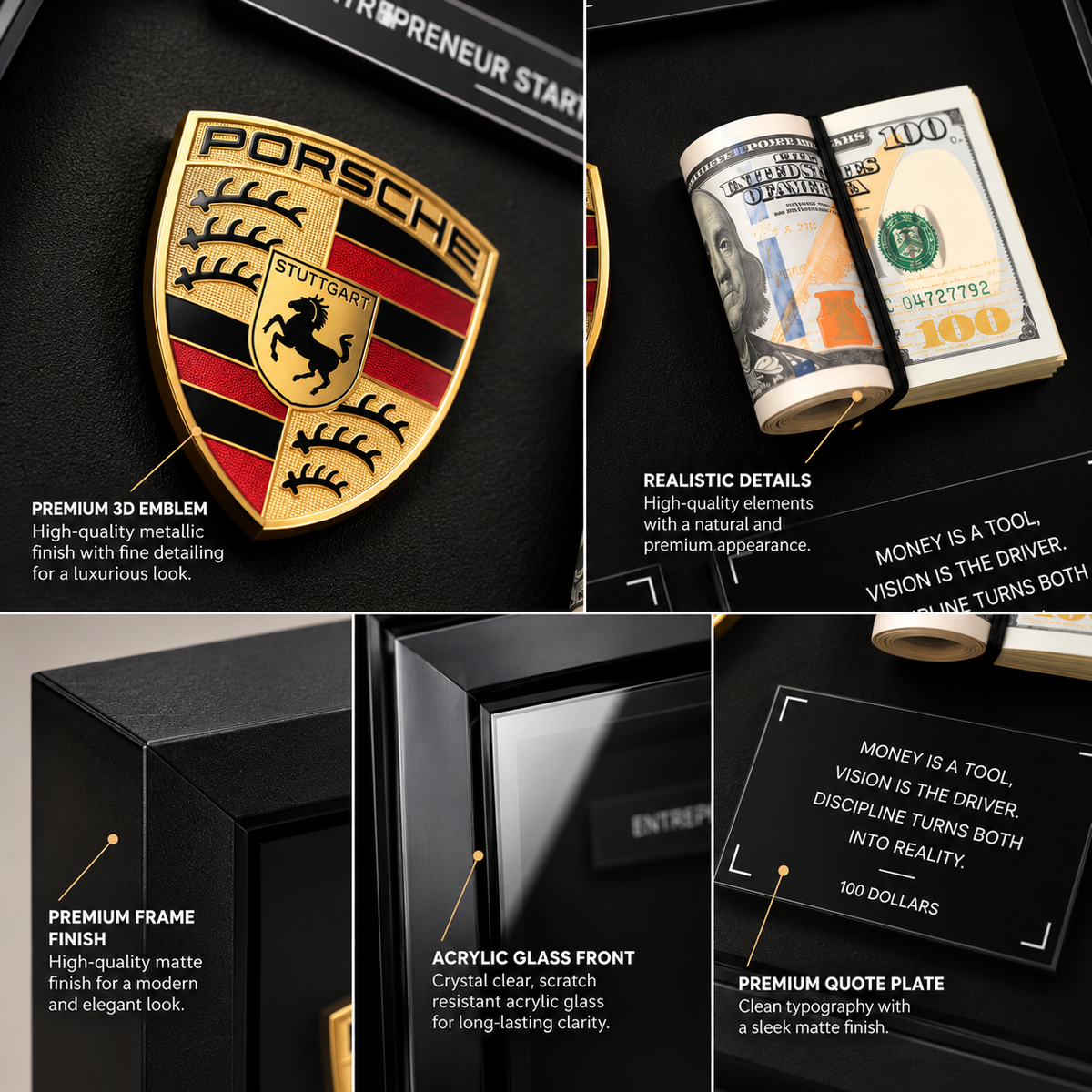 Porsche 3D shadow box frame with premium black finish, gold metallic emblem, money display and motivational quote plates
