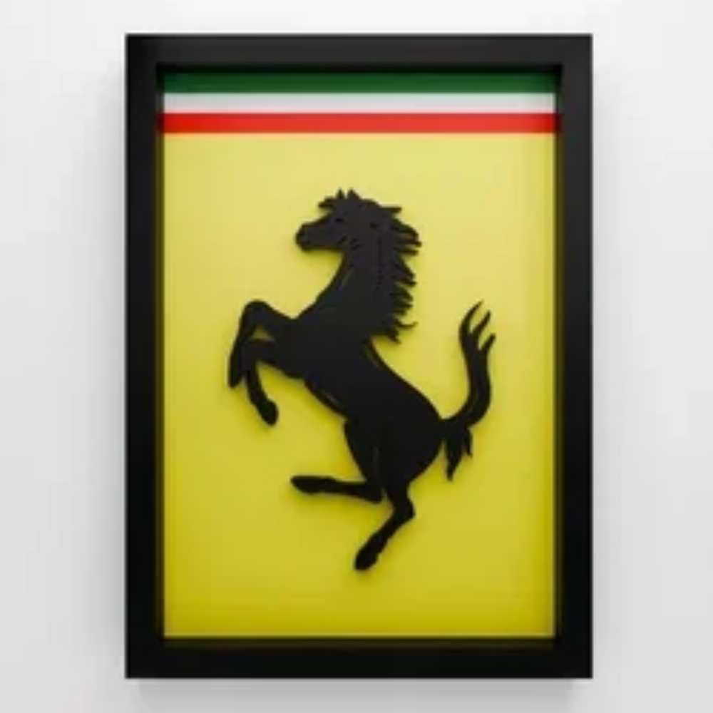 Premium Ferrari  3D wall frame with Ferrari emblem, red sports car and black shadow box frame
