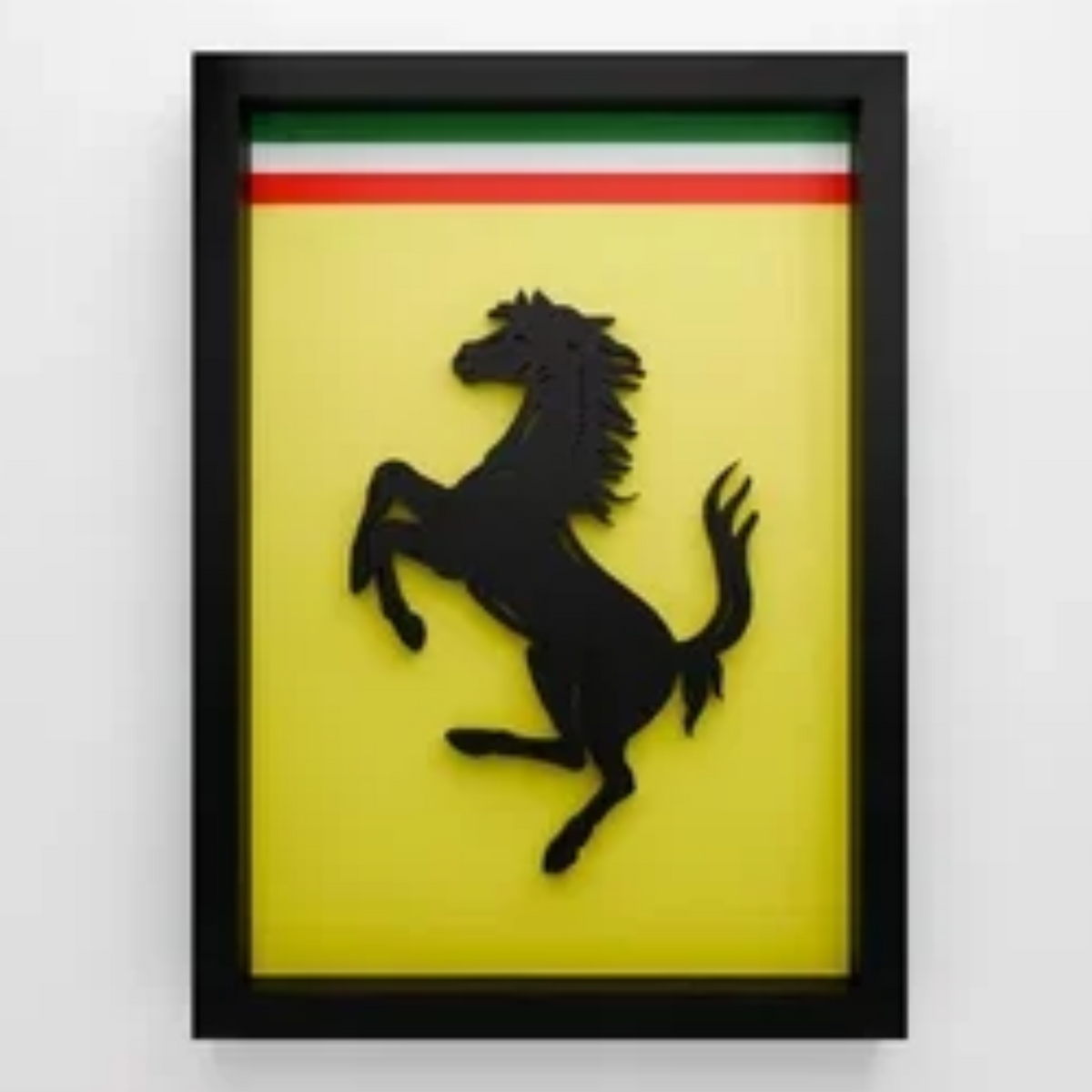 Premium Ferrari  3D wall frame with Ferrari emblem, red sports car and black shadow box frame