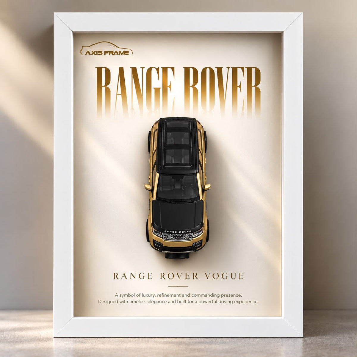 Premium Range Rover Vogue 3D Car Frame with gold miniature SUV, elegant white frame and luxury automotive wall art design