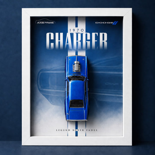Premium blue 1970 Dodge Charger 3D Car Frame with white border and blue racing stripes, classic muscle car wall decor