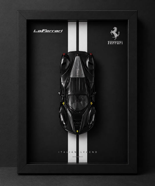 Premium Ferrari LaFerrari 3D Car Frame featuring a black supercar with white racing stripes in a luxury black display frame