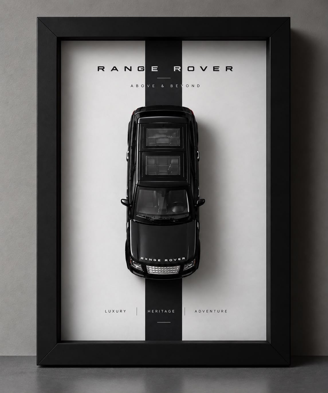 Premium Range Rover 3D Car Frame with black miniature SUV, black frame and minimalist luxury wall decor design