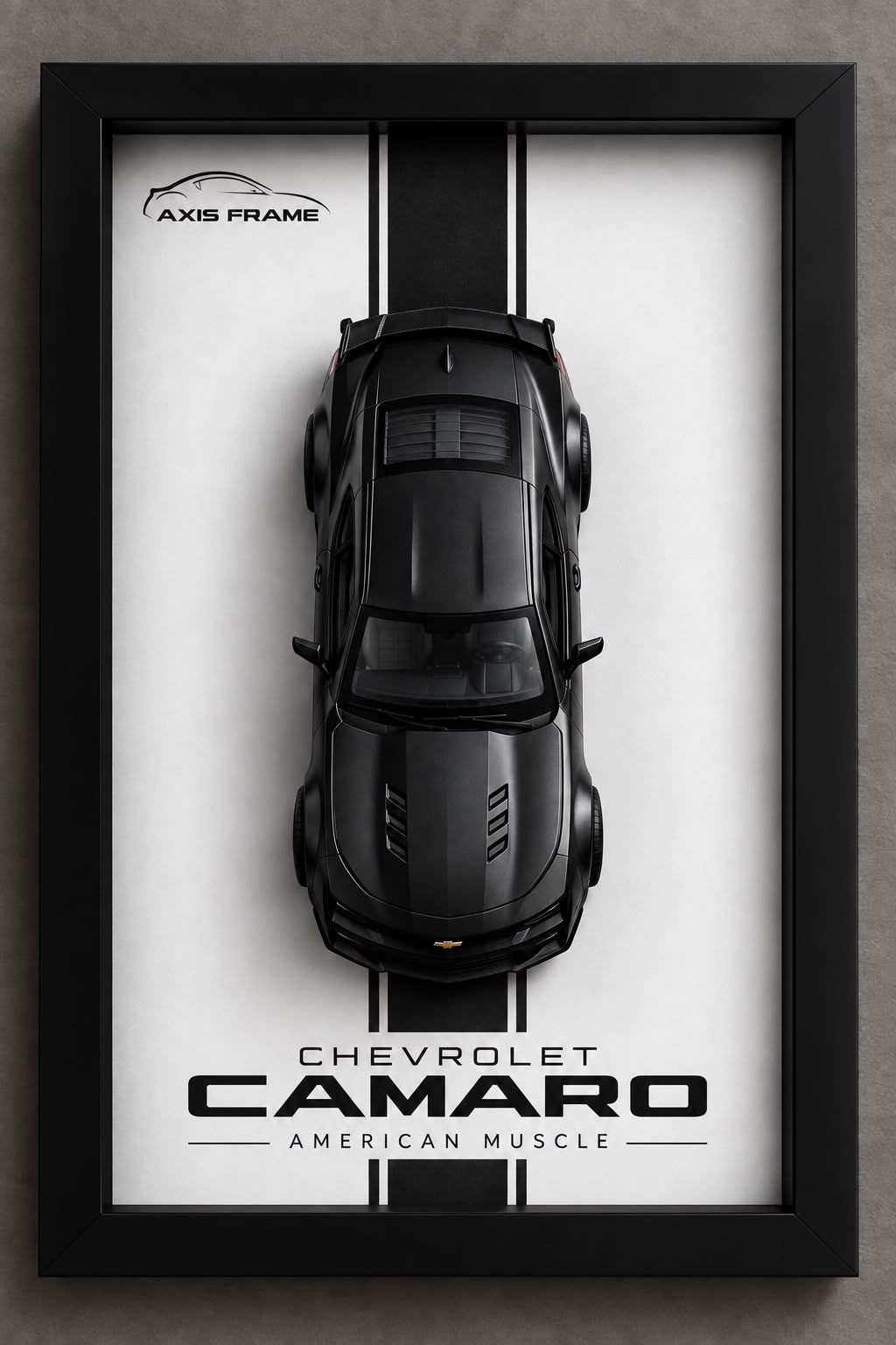 Premium black Chevrolet Camaro miniature car displayed in a black 3D Car Frame with a white background and American muscle car wall art design.