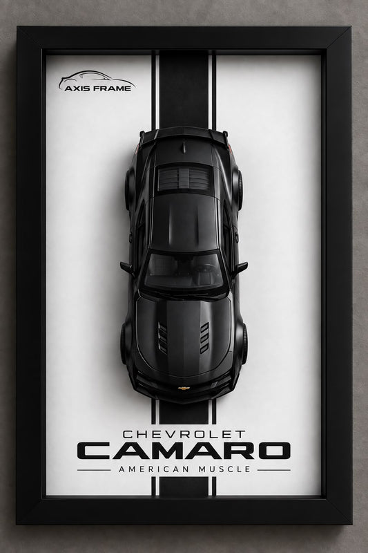 Premium black Chevrolet Camaro miniature car displayed in a black 3D Car Frame with a white background and American muscle car wall art design.