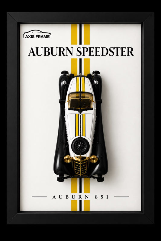 Premium Auburn Speedster 851 miniature white vintage car in a black 3D Car Frame with gold and black racing stripes and classic automotive wall decor.