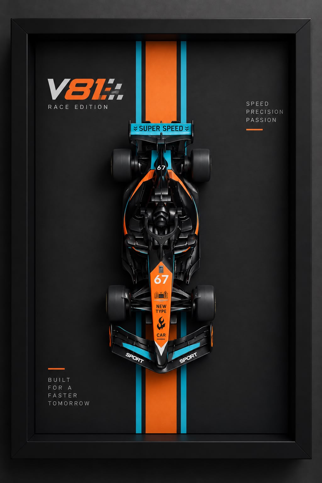 Premium Formula Racing 3D Car Frame featuring a black racing car with orange and blue stripes in a black shadow box frame
