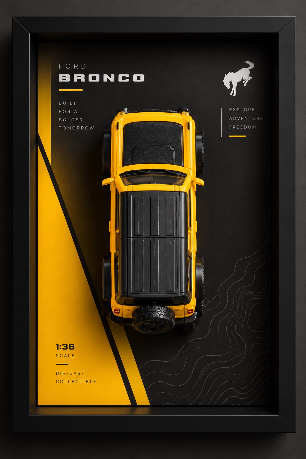 Premium Ford Bronco 3D Car Frame featuring a yellow 1:36 scale die-cast SUV against a black-and-yellow adventure-themed background