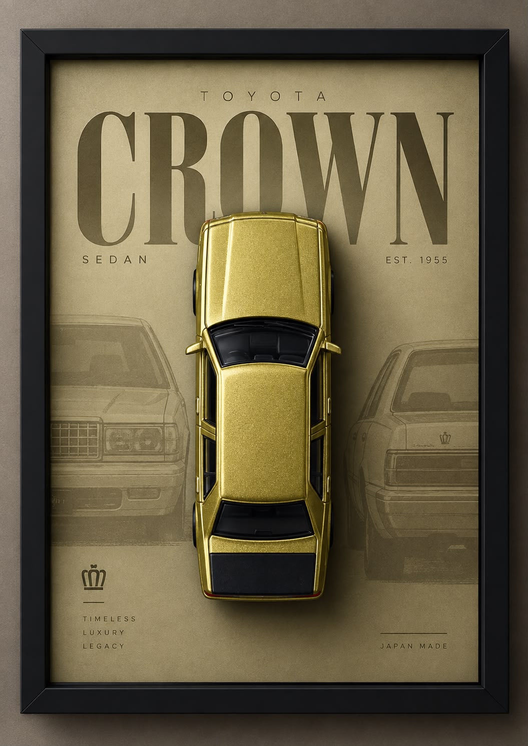 Premium Toyota Crown 3D Car Frame featuring a gold diecast sedan in a black frame with elegant beige automotive artwork