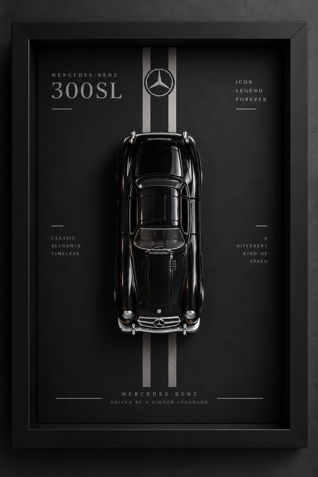 Black Mercedes-Benz 300SL classic model car displayed in a premium black 3D Car Frame with silver accents and elegant automotive artwork