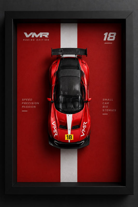 Red racing sports car model with black detailing and a white stripe displayed in a premium black 3D Car Frame with red motorsport artwork