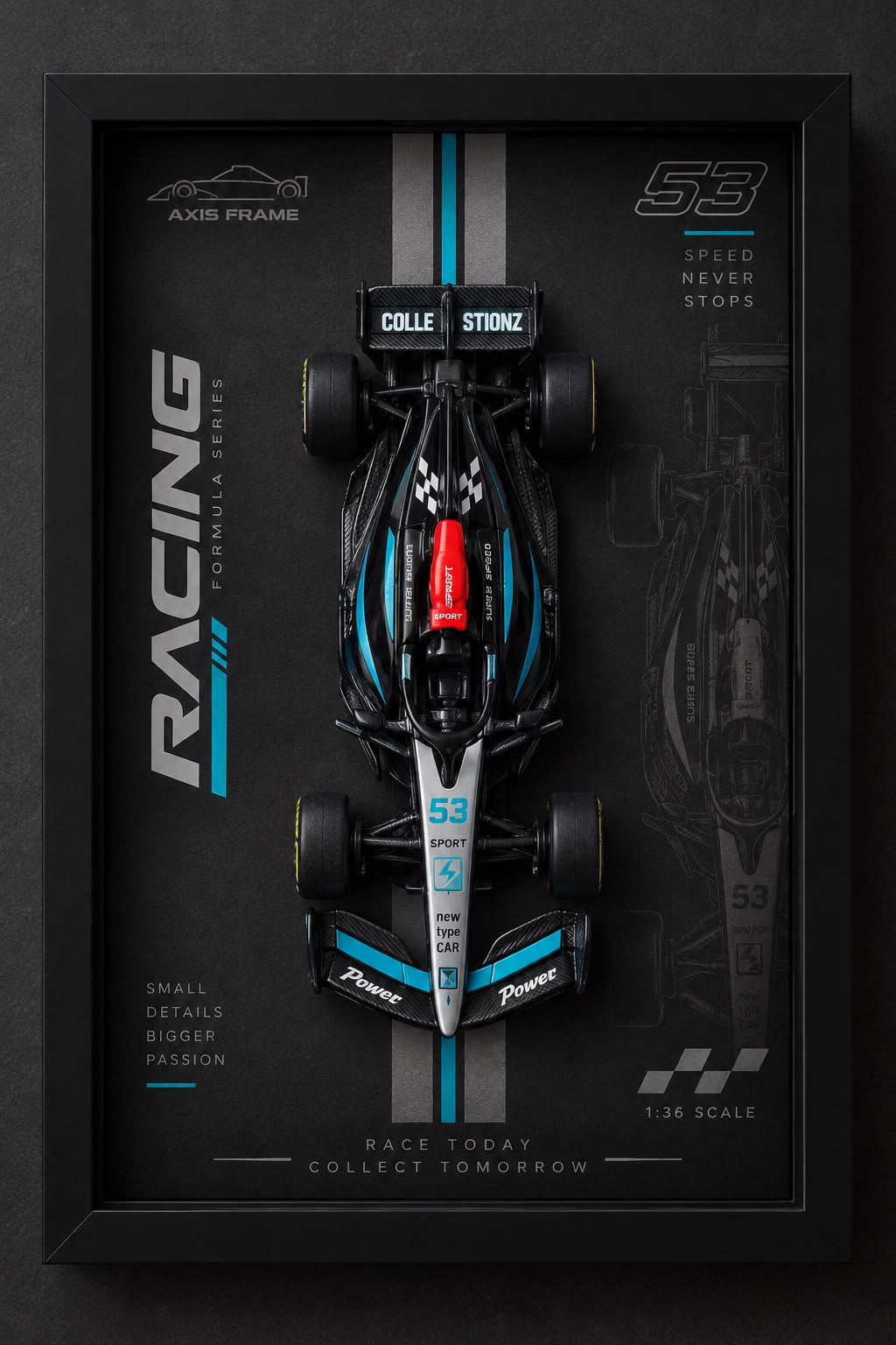 Formula racing model car with black and blue accents displayed in a premium black 3D Car Frame with motorsport-inspired artwork