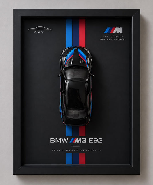 Black BMW M3 E92 diecast car displayed in a premium black 3D Car Frame with blue and red motorsport racing stripes and luxury automotive wall art.