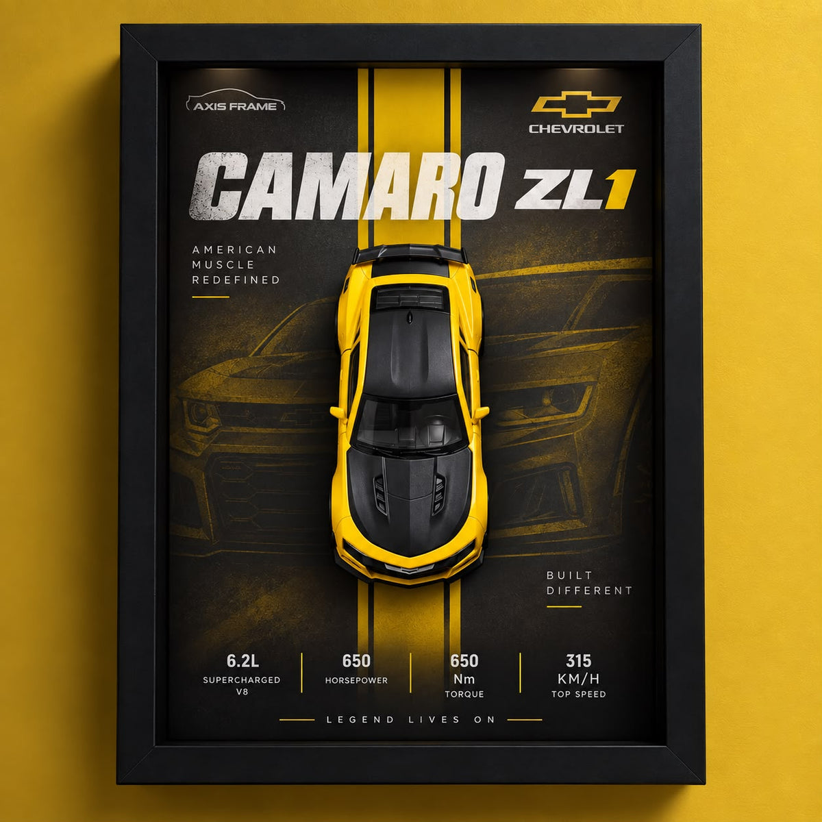 Yellow Chevrolet Camaro ZL1 diecast car displayed in a premium black and yellow 3D Car Frame with muscle car wall art design.