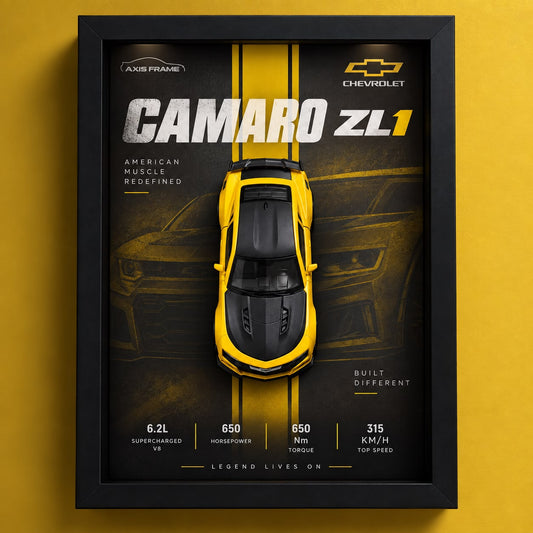 Yellow Chevrolet Camaro ZL1 diecast car displayed in a premium black and yellow 3D Car Frame with muscle car wall art design.