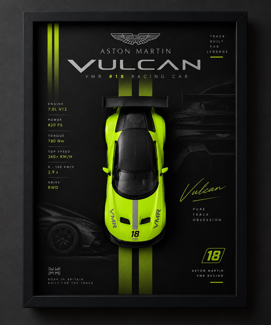 Premium Aston Martin Vulcan 3D Car Frame featuring a neon green racing car model, black motorsport background, and black display frame.