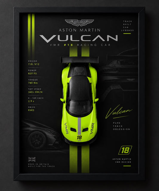 Premium Aston Martin Vulcan 3D Car Frame featuring a neon green racing car model, black motorsport background, and black display frame.