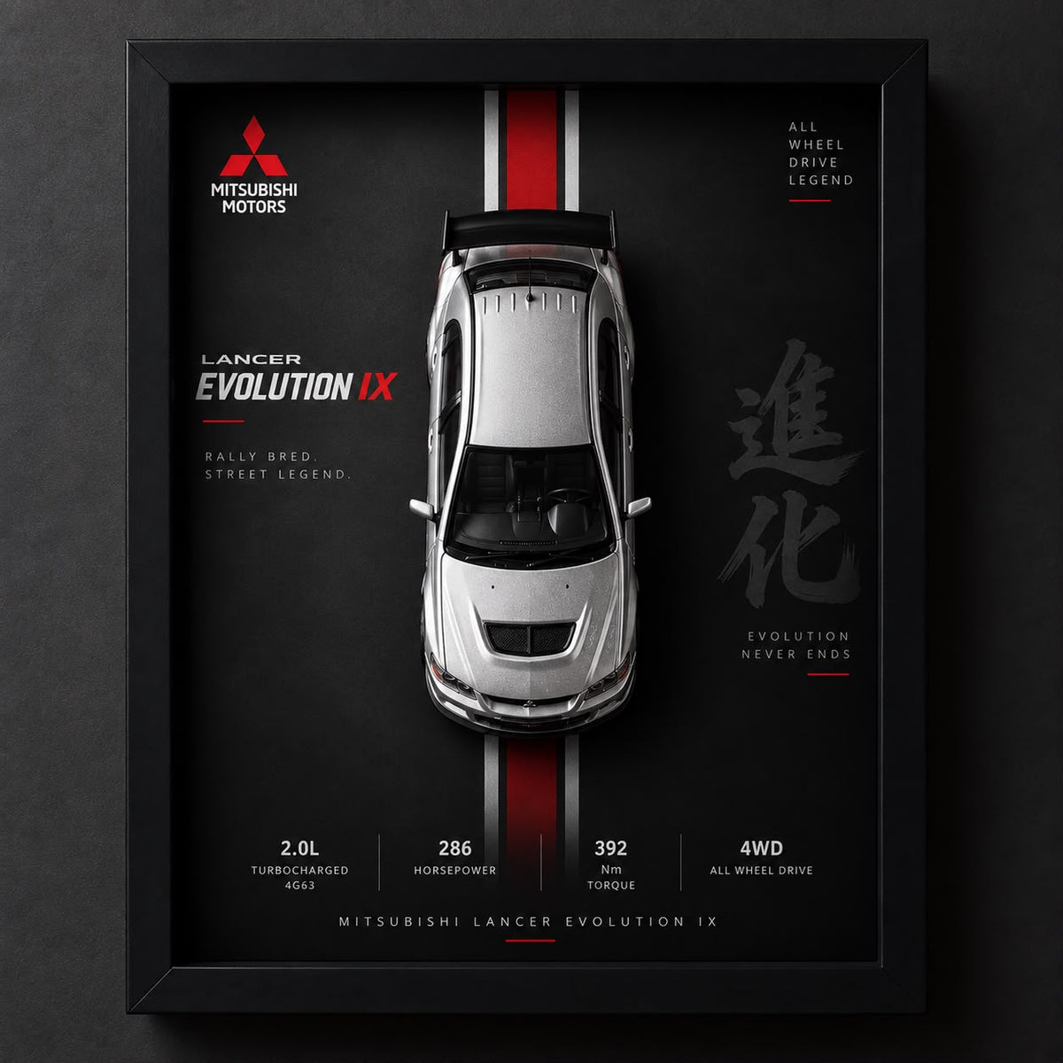 Mitsubishi Lancer Evolution IX 3D Car Frame featuring a silver diecast car model, black background, red racing stripes, and premium black display frame.