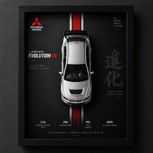 Mitsubishi Lancer Evolution IX 3D Car Frame featuring a silver diecast car model, black background, red racing stripes, and premium black display frame.