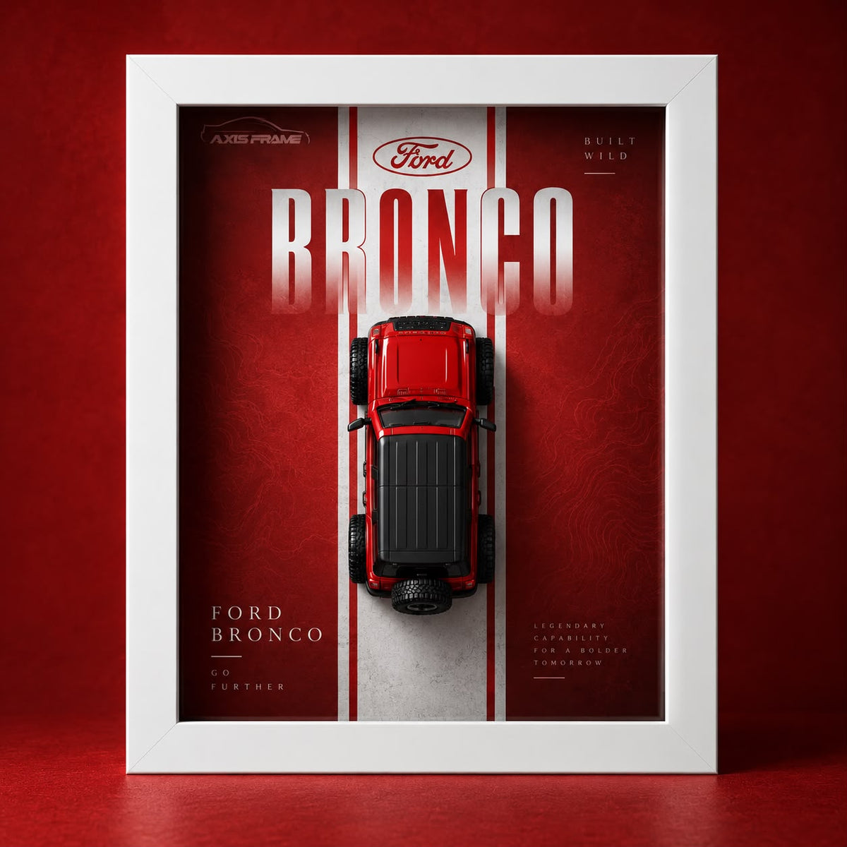 Premium Ford Bronco 3D Car Frame with red diecast SUV model, red and white racing-inspired background, and white display frame.