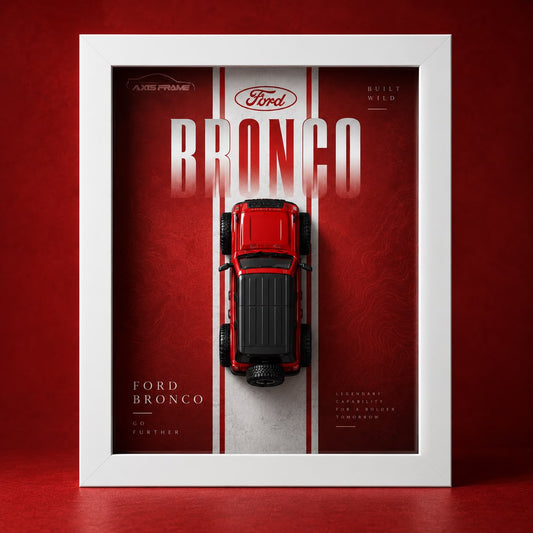 Premium Ford Bronco 3D Car Frame with red diecast SUV model, red and white racing-inspired background, and white display frame.