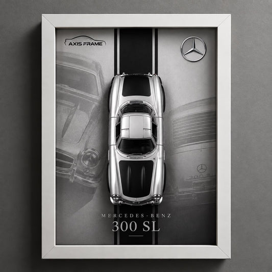 Mercedes-Benz 300 SL silver miniature car displayed in a premium white 3D Car Frame with monochrome automotive background and classic luxury car wall decor