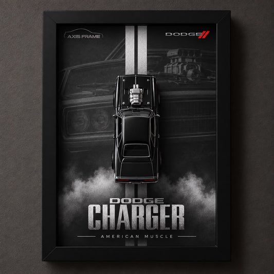 Premium Dodge Charger 3D Car Frame with black miniature muscle car, monochrome automotive background and black shadow box frame wall decor