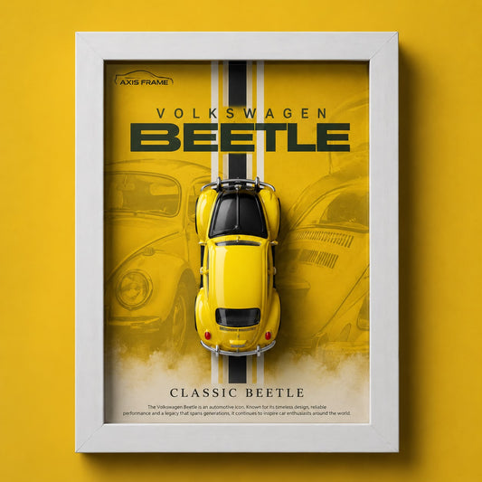 Premium yellow Volkswagen Beetle miniature car in a white 3D Car Frame with classic yellow automotive wall decor design.