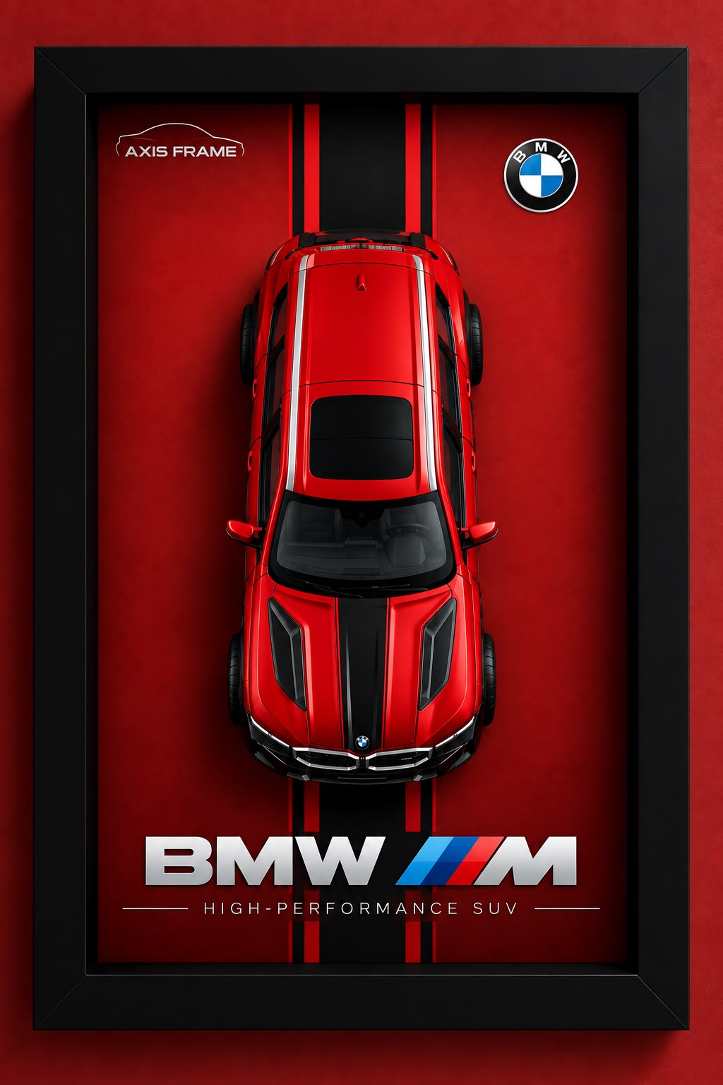 Premium BMW M 3D Car Frame featuring a red miniature BMW sports SUV, black frame and red-and-black racing-inspired automotive wall decor