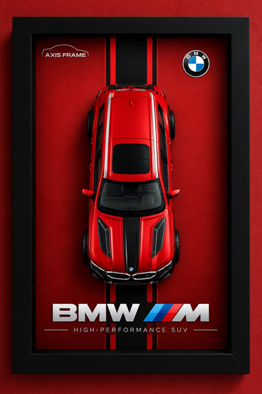 Premium BMW M 3D Car Frame featuring a red miniature BMW sports SUV, black frame and red-and-black racing-inspired automotive wall decor