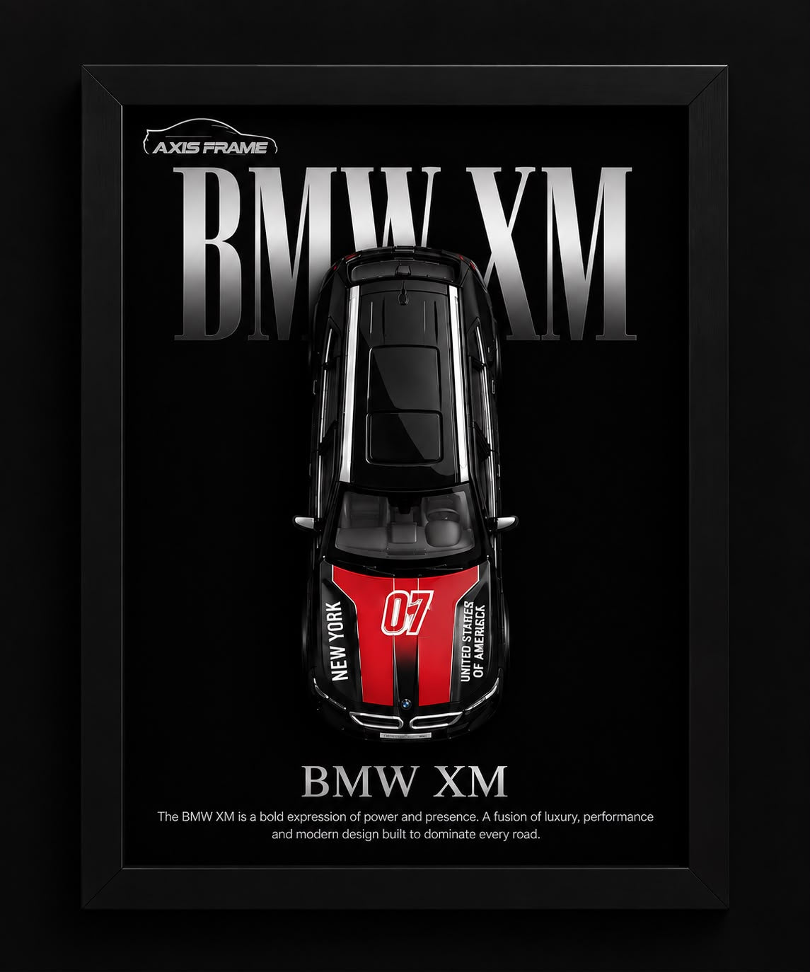 Premium BMW XM 3D Car Frame featuring a black miniature with red racing graphics in a black frame for luxury automotive wall decor