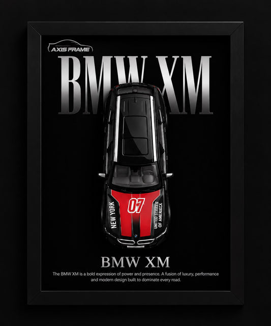 Premium BMW XM 3D Car Frame featuring a black miniature with red racing graphics in a black frame for luxury automotive wall decor