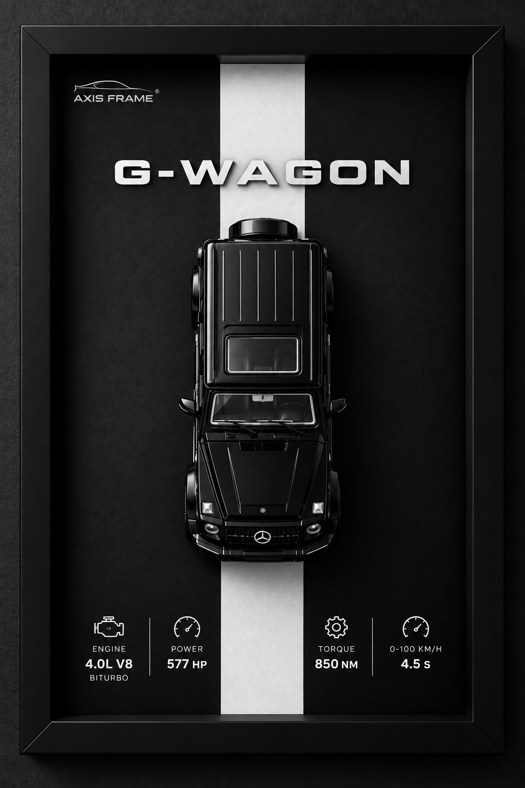 Premium Black Mercedes-Benz G-Wagon 3D Car Frame with Luxury Black and White Automotive Wall Art Design