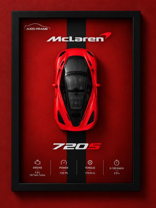 McLaren 720S red supercar 3D car frame with a black border and red background, premium sports car wall decor for automotive enthusiasts.